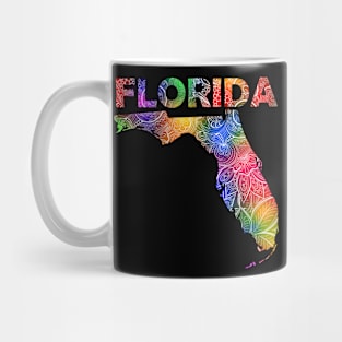 Colorful mandala art map of Florida with text in multicolor pattern Mug